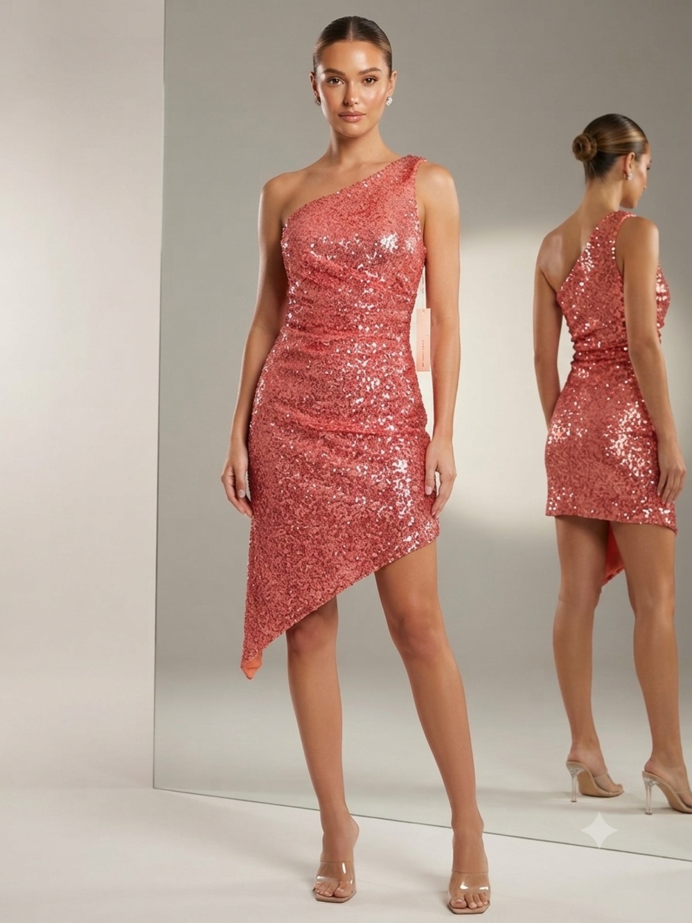 AQUA Rose One-Shoulder Sequin Asymmetric Dress Cocktail Party Prom Evening